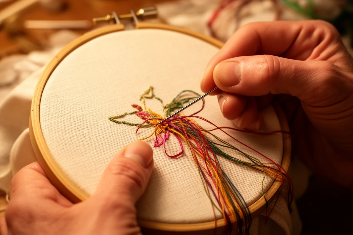 Haftowanie w pracowni — igła i kolorowe nici na tamborkach