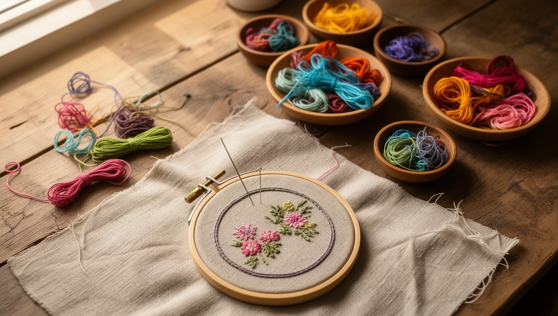 Pracownia haftowania HaftArt — nici i igły na drewnianym stole