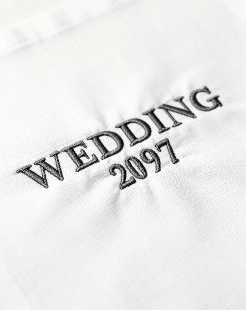 Haft z datą ślubu na białej tkaninie
