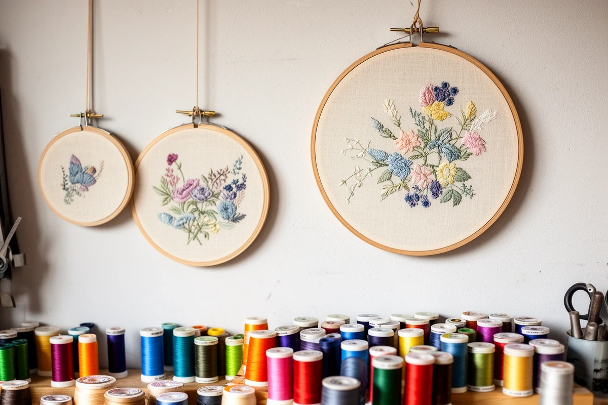 Tamborek z nićmi i niedokończonym haftem w pracowni